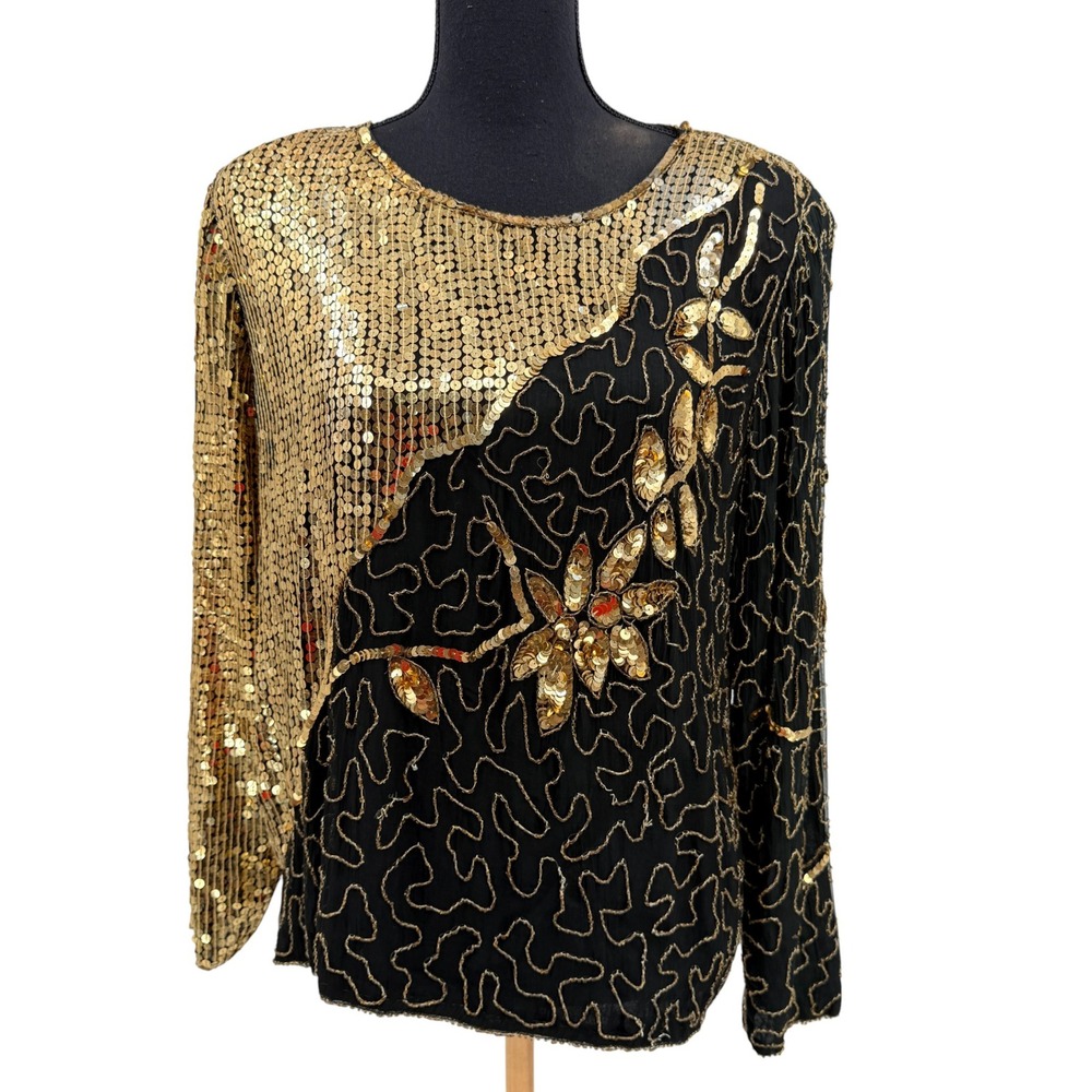 Jean for Joseph Le Bon Womens‎ Blouse Silk Black Gold Sequin Beaded Size Medium